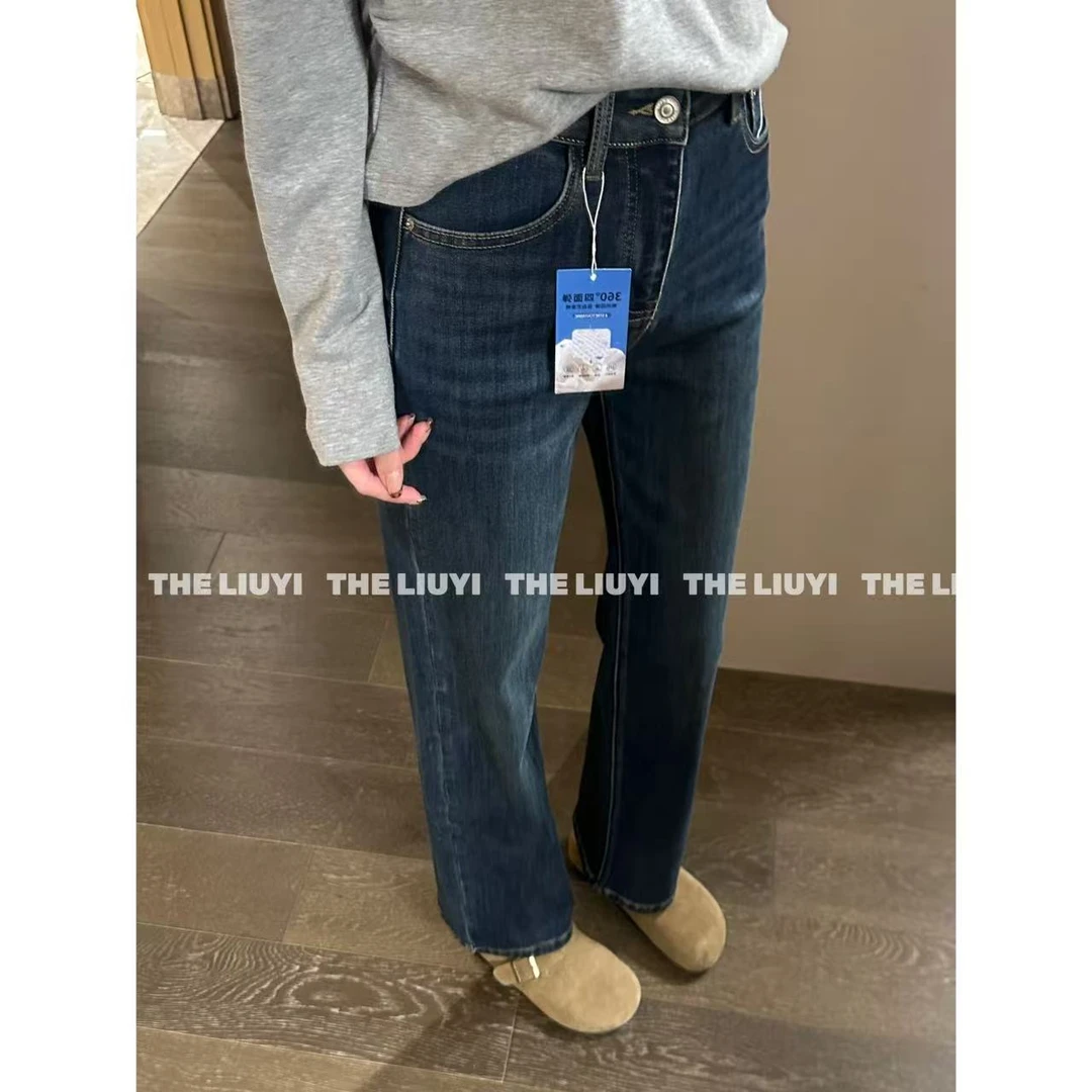 【LIUYI】直腿裤~高腰加绒四面弹窄版烟管牛仔裤59204