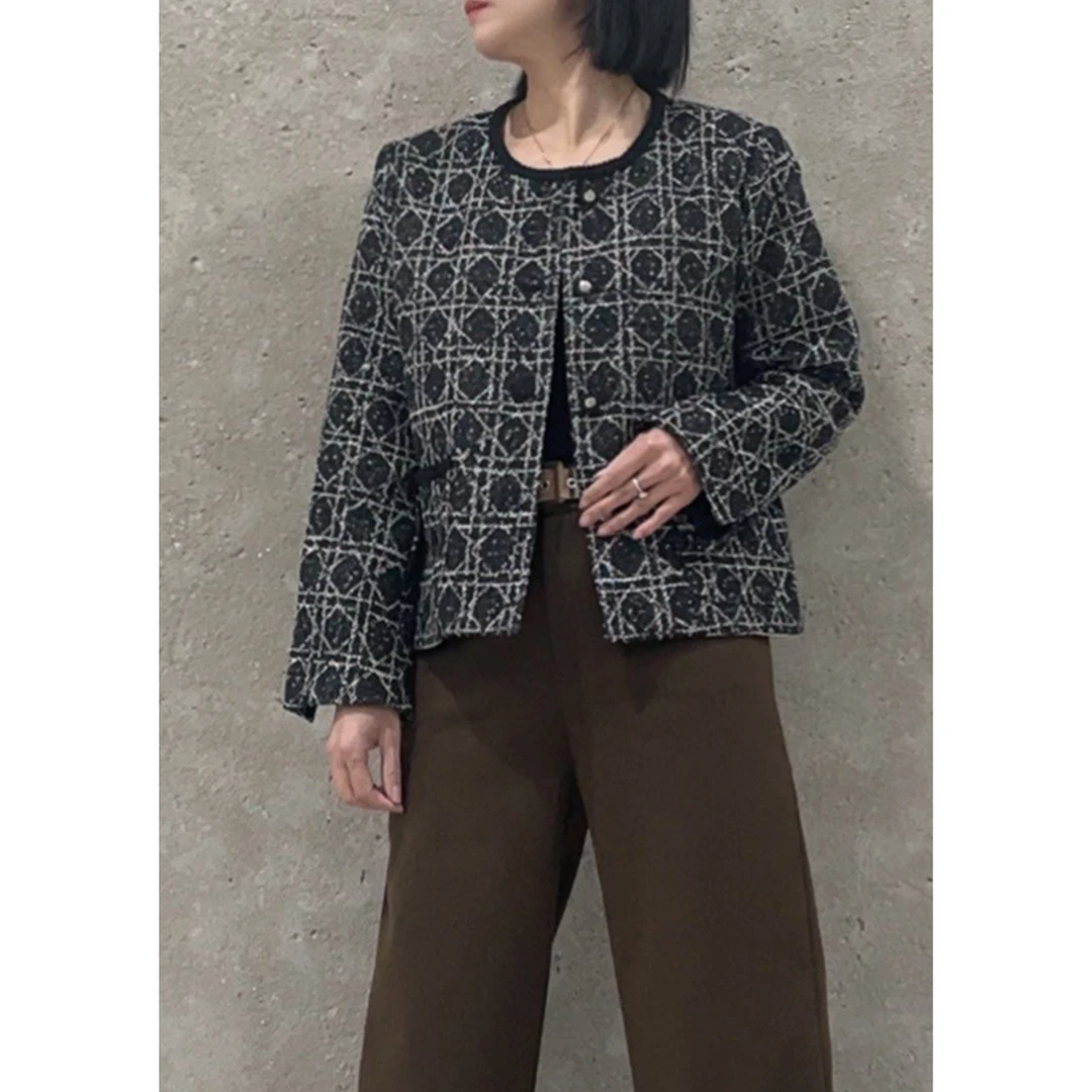 直播高级感修身印花小香风气质外套女秋显瘦撞色长袖上衣63130#