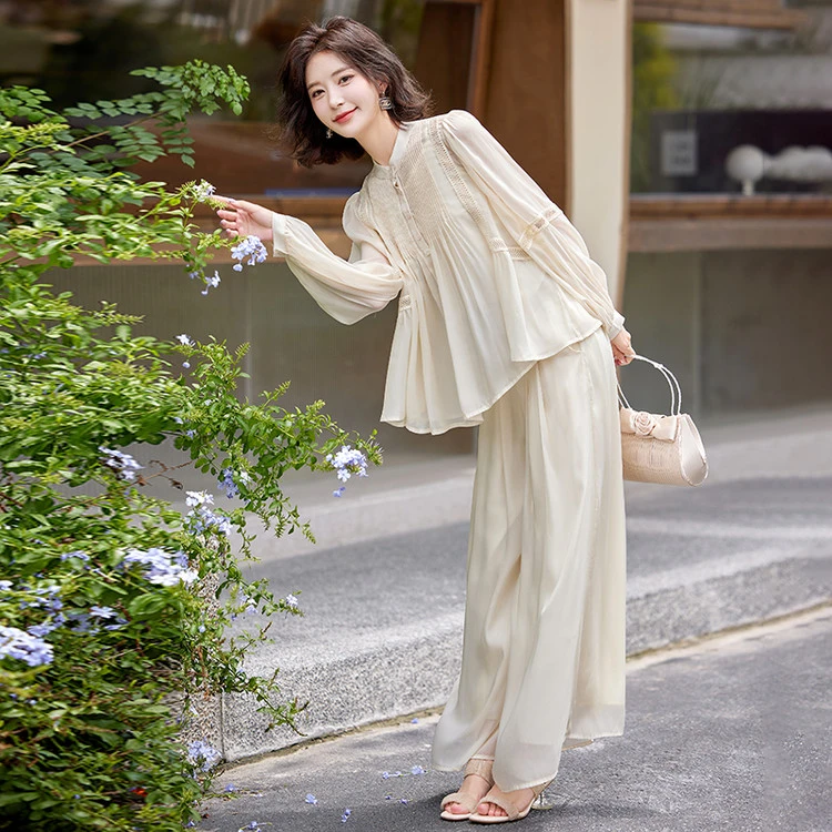 桑蚕丝小香风裙裤套装女2025新款春夏时尚洋气独特飘逸真丝三件套