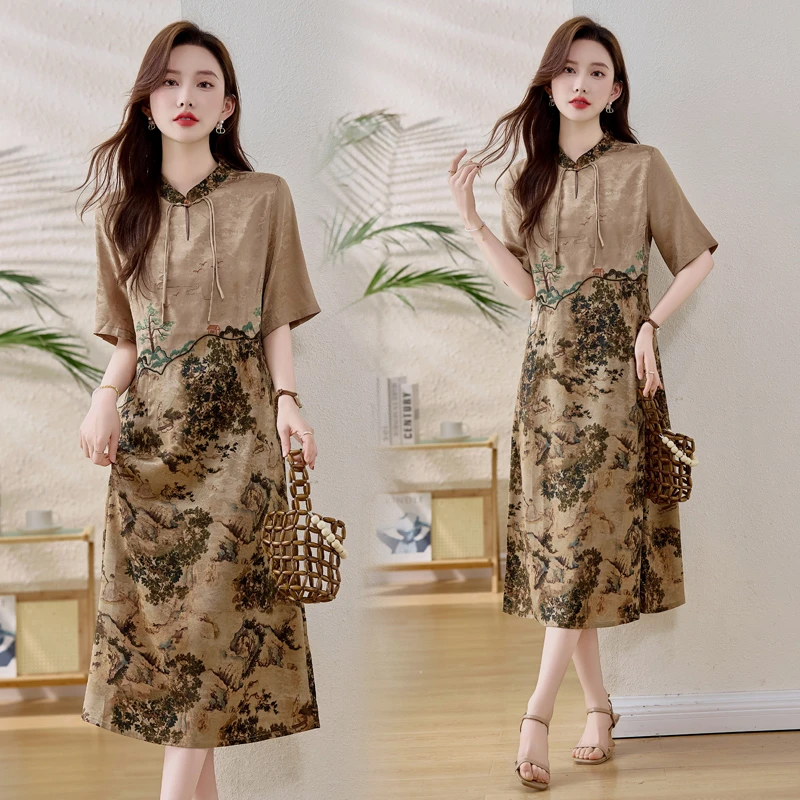 杭州高端桑蚕丝真丝连衣裙女2025新款夏季新中式国风改良旗袍裙子