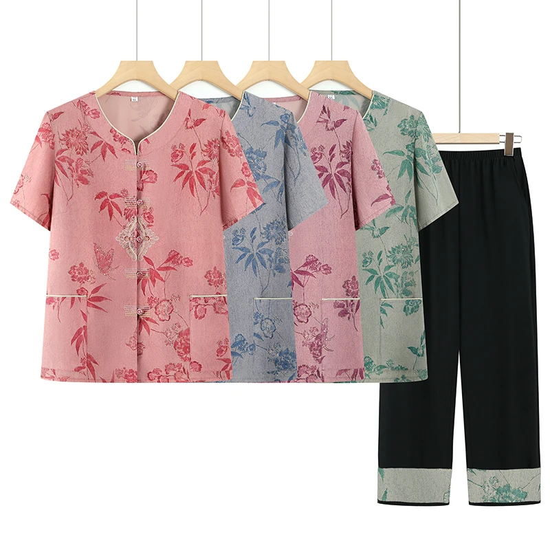 老太太夏季短袖衬衫奶奶夏装套装新款60岁70中老年人女装薄款衣服