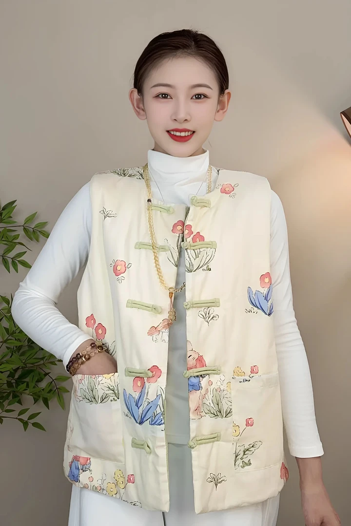 【纯100棉】新中式国风盘扣马甲女新款秋冬加棉加厚保暖背心坎肩