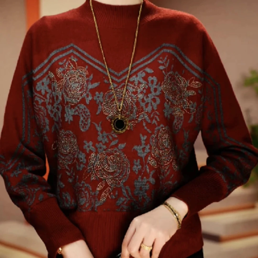 时尚提花烫钻妈妈针织衫2025秋季新款高档气质减龄宽松显瘦毛衣女