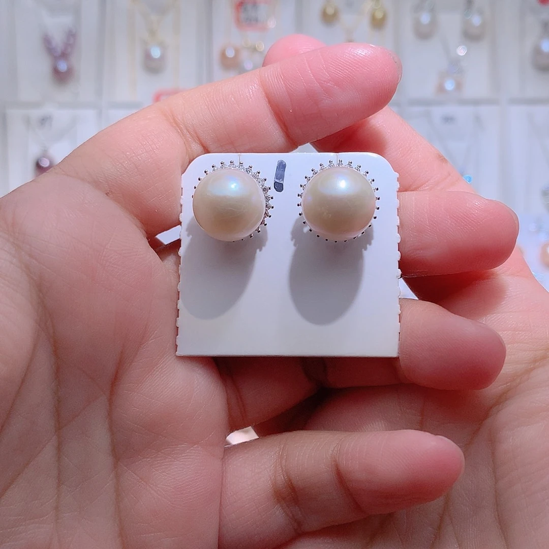 银S925镶嵌耳饰淡水珍珠CC12.5mm