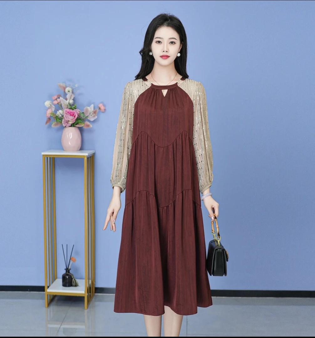 【连衣裙】2025春季新款连衣裙中长款气质中式收腰修身女装连衣裙