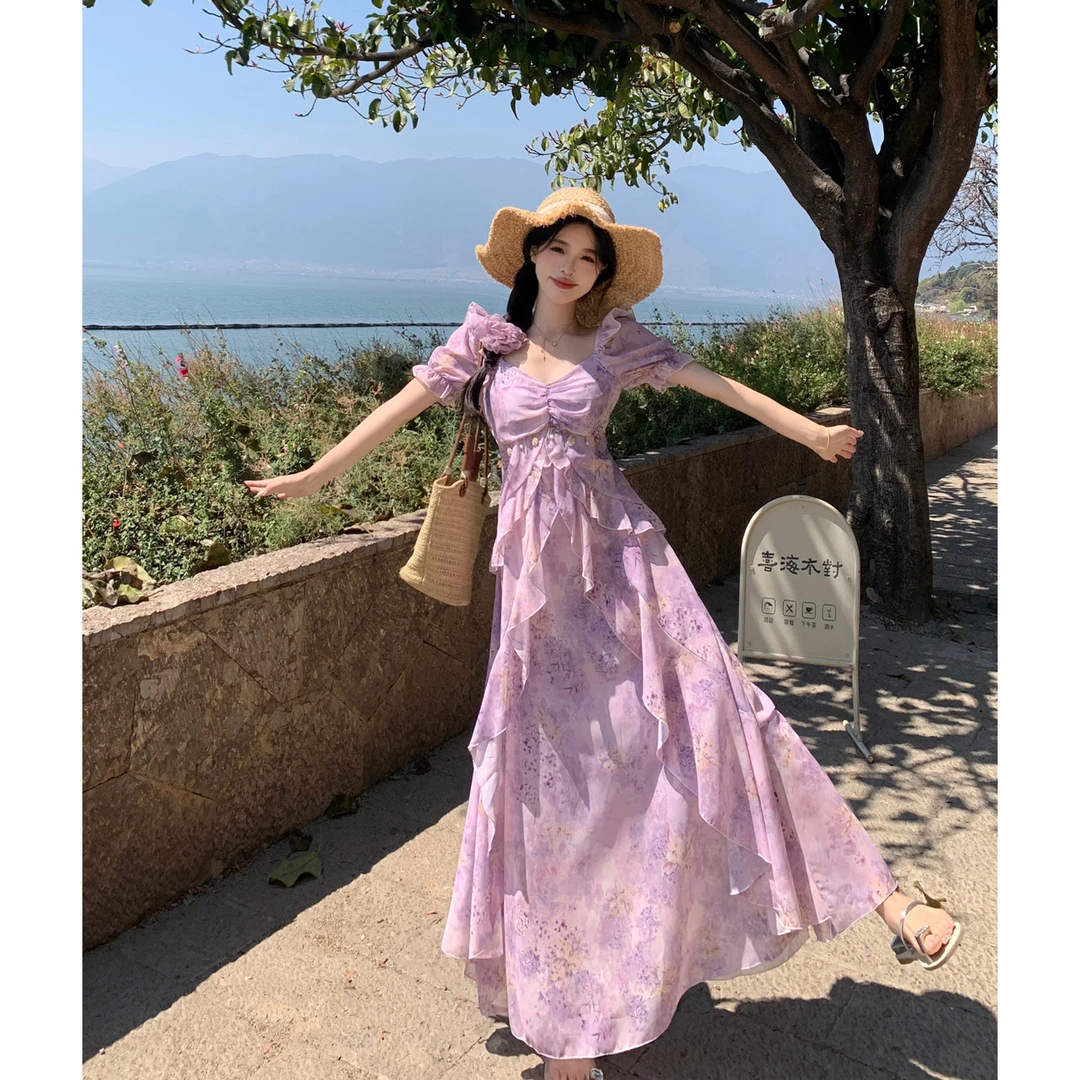 微胖显瘦飘逸雪纺连衣裙设计感渐变印花碎花裙法式气质长裙子夏季