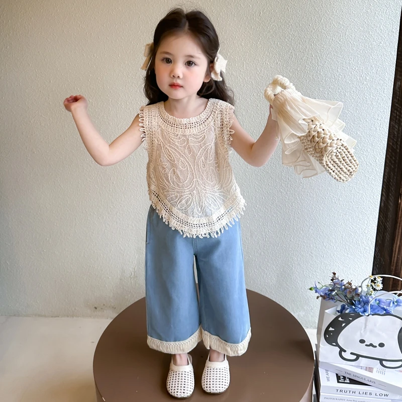 英国MK&DK女童勾花背心套装两件套洋气薄款夏装小童韩版无袖女宝