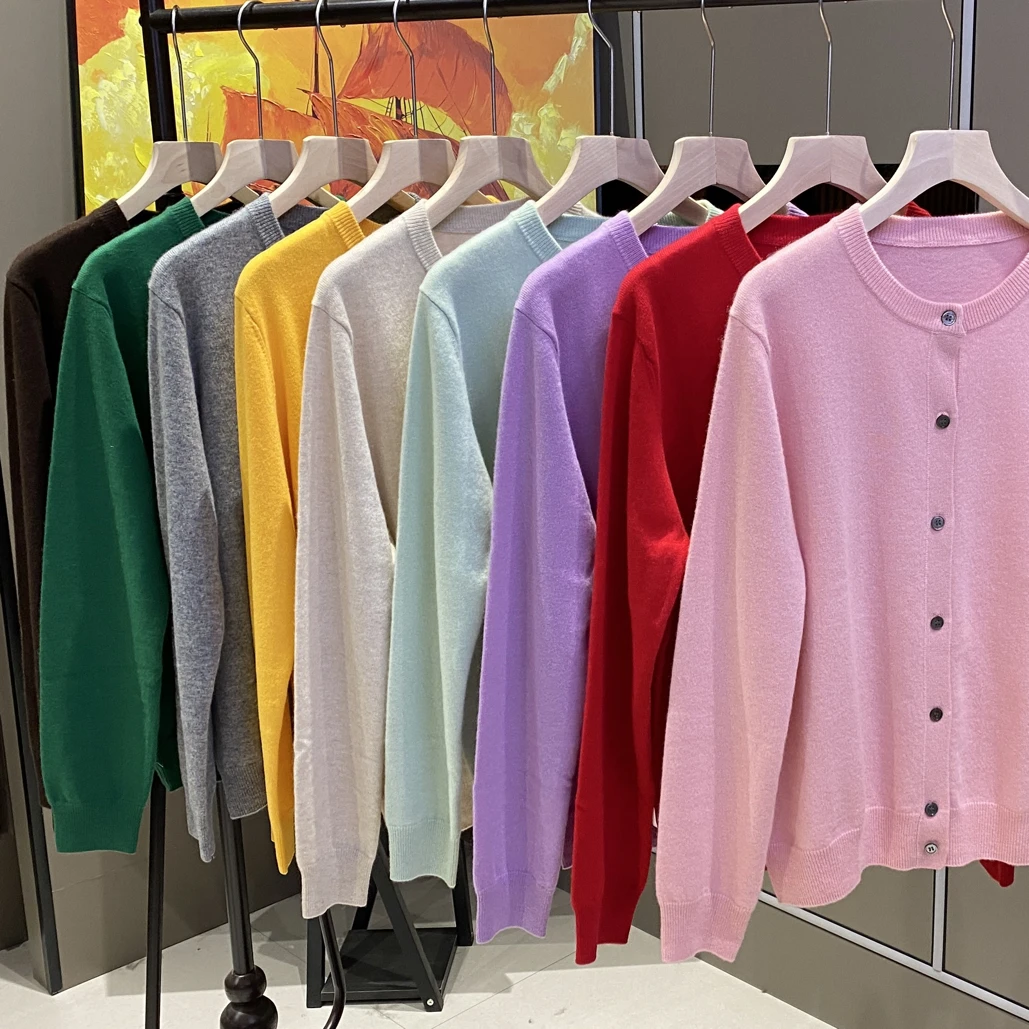 14针圆领款A类纯山羊绒针织纯色上衣复古多扣女士羊绒衫长袖开衫