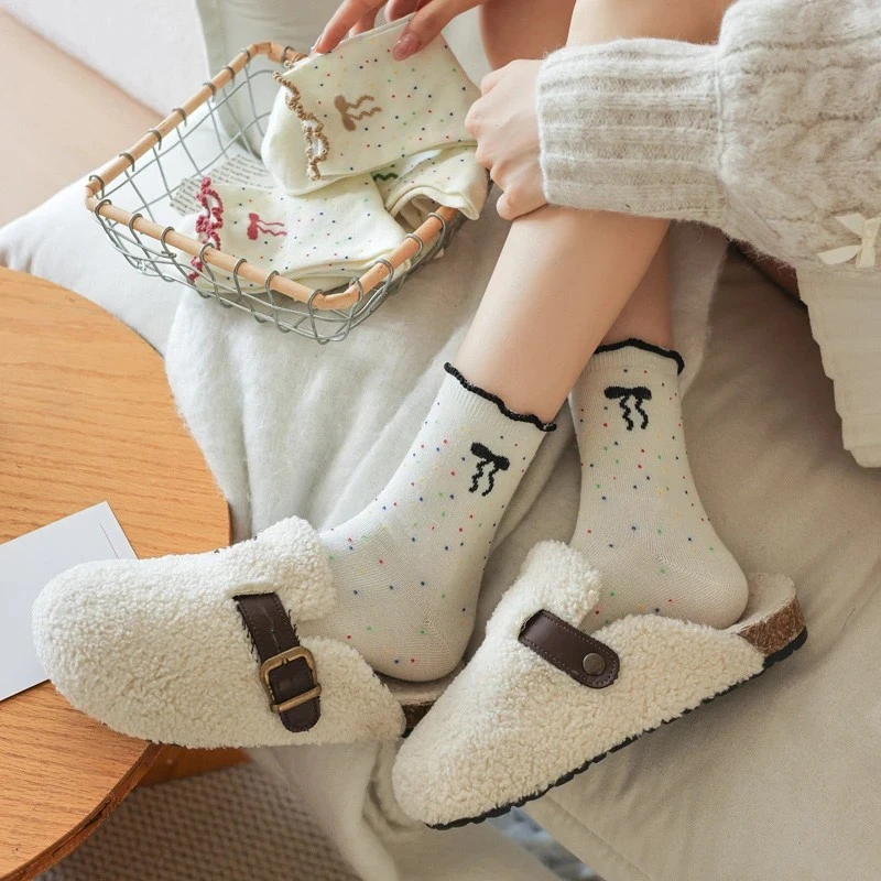 夏季女士点子纱中筒袜百搭卷边ins潮花边夏季堆堆袜学生袜子