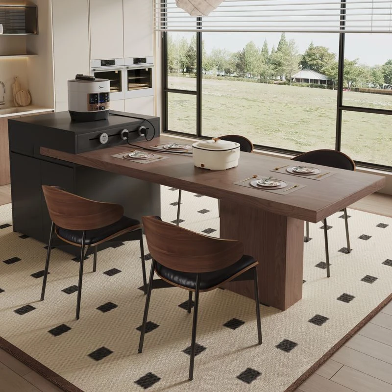 中古风岛台餐桌一体可伸缩家用下挂全岩板多功能储物厨房家用桌