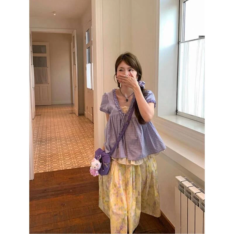 紫藤花开【Mis】韩系休闲宽松甜美假两件减龄格子小衫