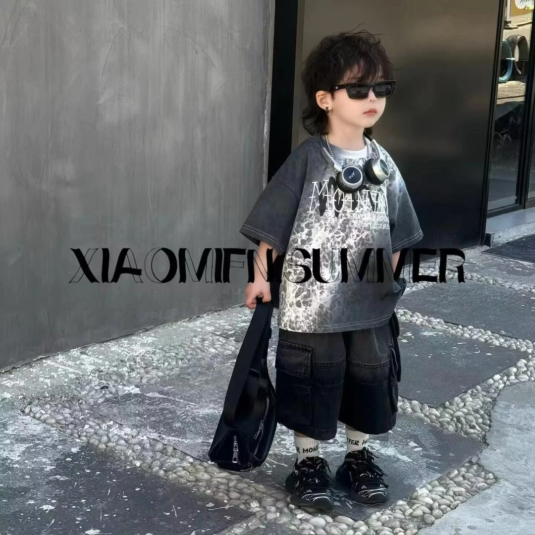 韩版男童夏季新款豹点短袖T恤童装时尚潮酷洋气复古休闲