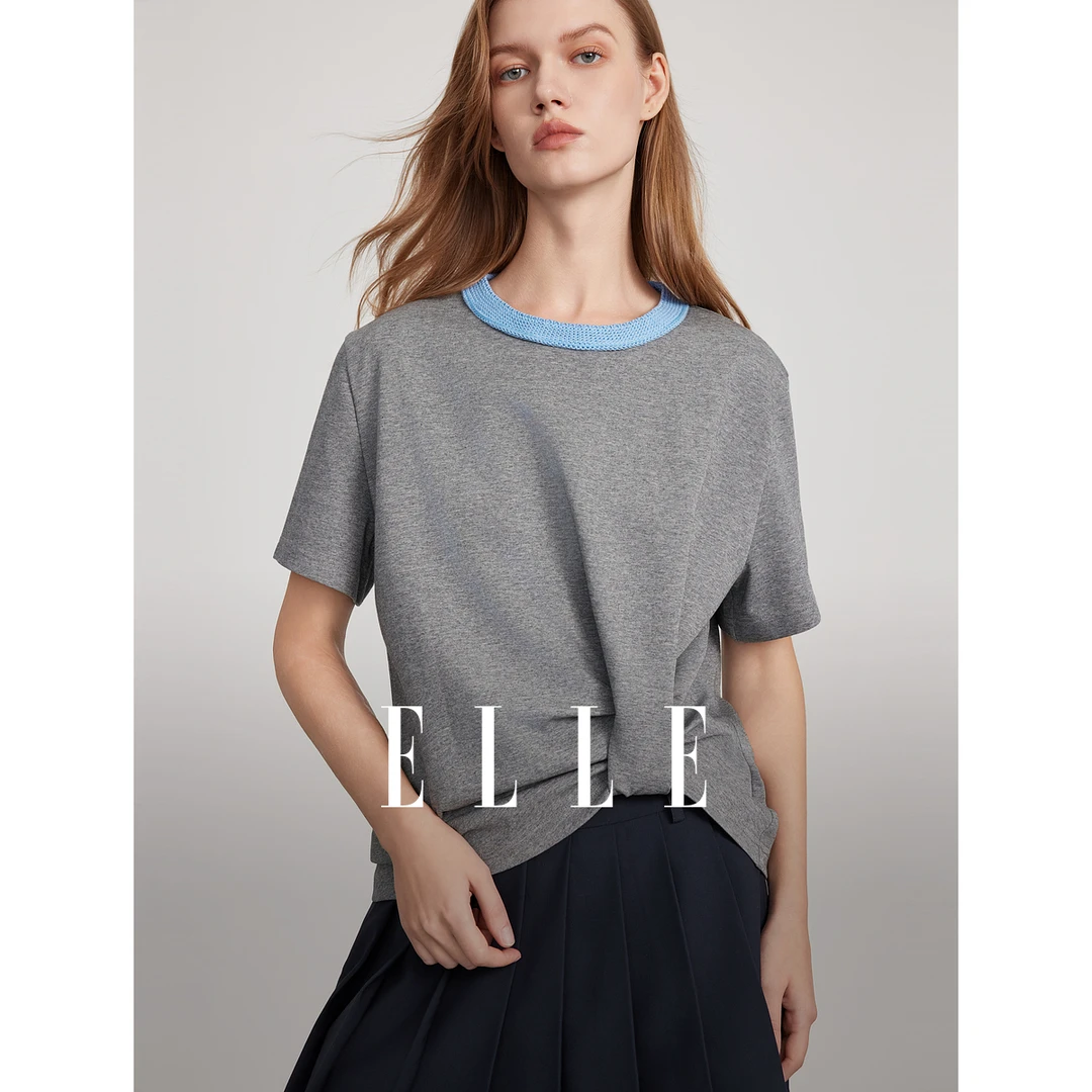 ELLE灰色不规则褶皱短袖女t恤2025夏日穿搭设计感休闲上衣ET51701