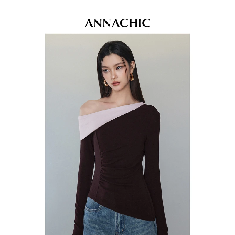 ANNACHIC设计感小众别致T恤女春季新款纯欲风露肩撞色长袖打底衫