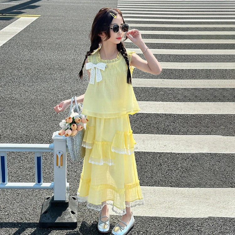 儿童2025新款夏装女童背心半身裙两件套中大童可爱甜美蕾丝套装
