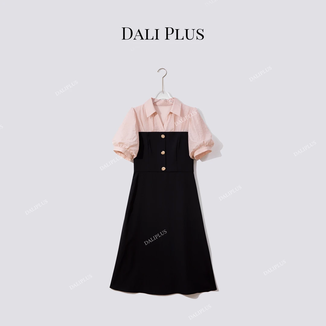 DALI PLUS法式天丝拼接醋酸设计感时髦精轻奢复古连衣裙-D5SS7057