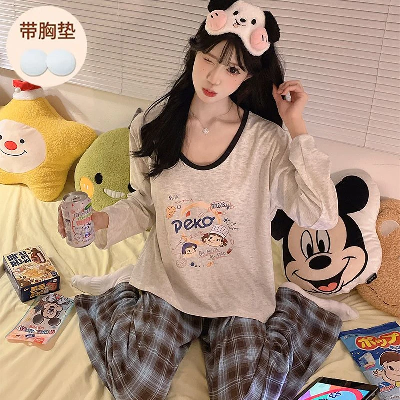 【不二家】纯棉新款长袖长裤夏季cs家居服睡衣女款带胸垫少女秋冬季