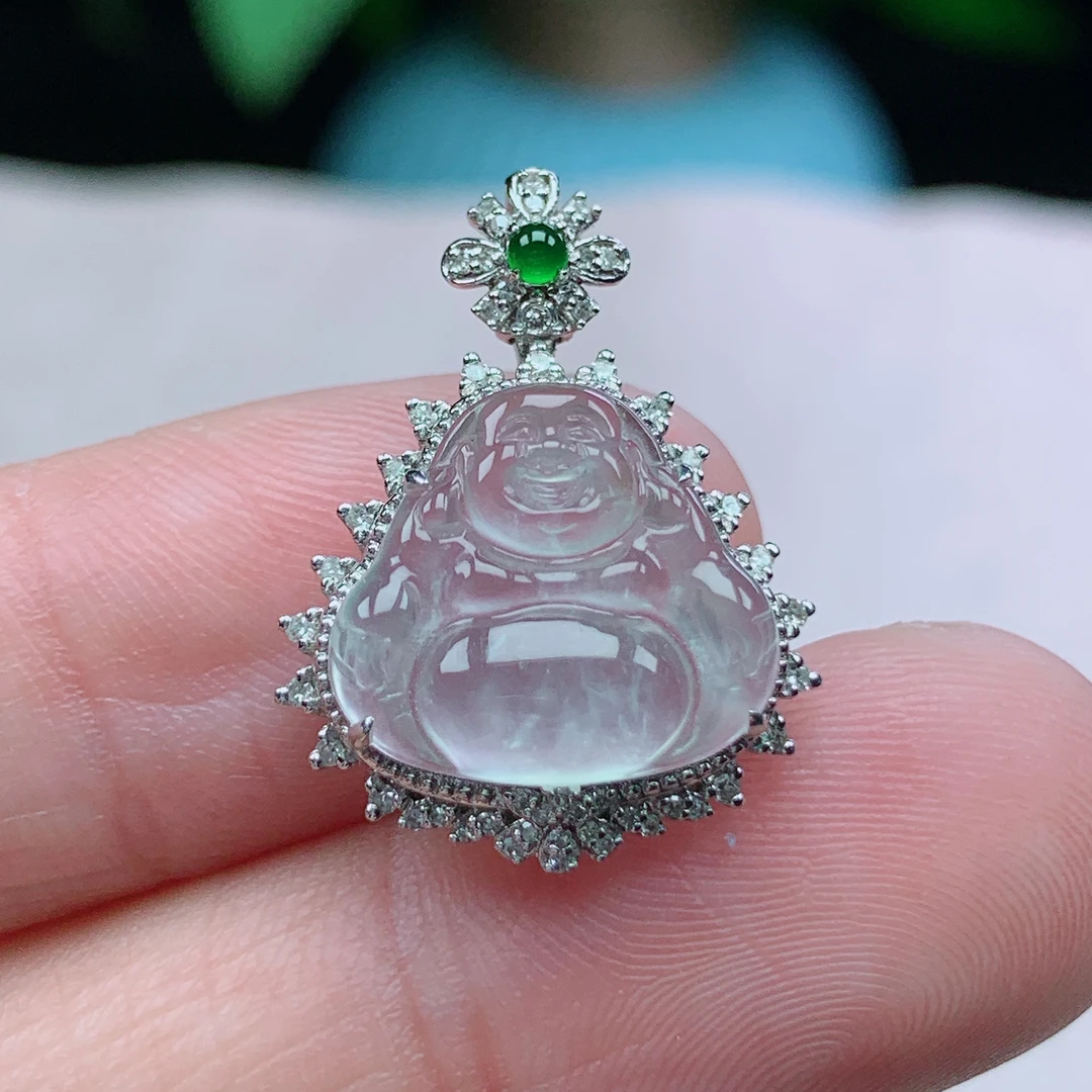 x缅甸天然翡翠A货23-17.6-8玉石老坑冰种白冰佛公锁骨链吊坠镶嵌