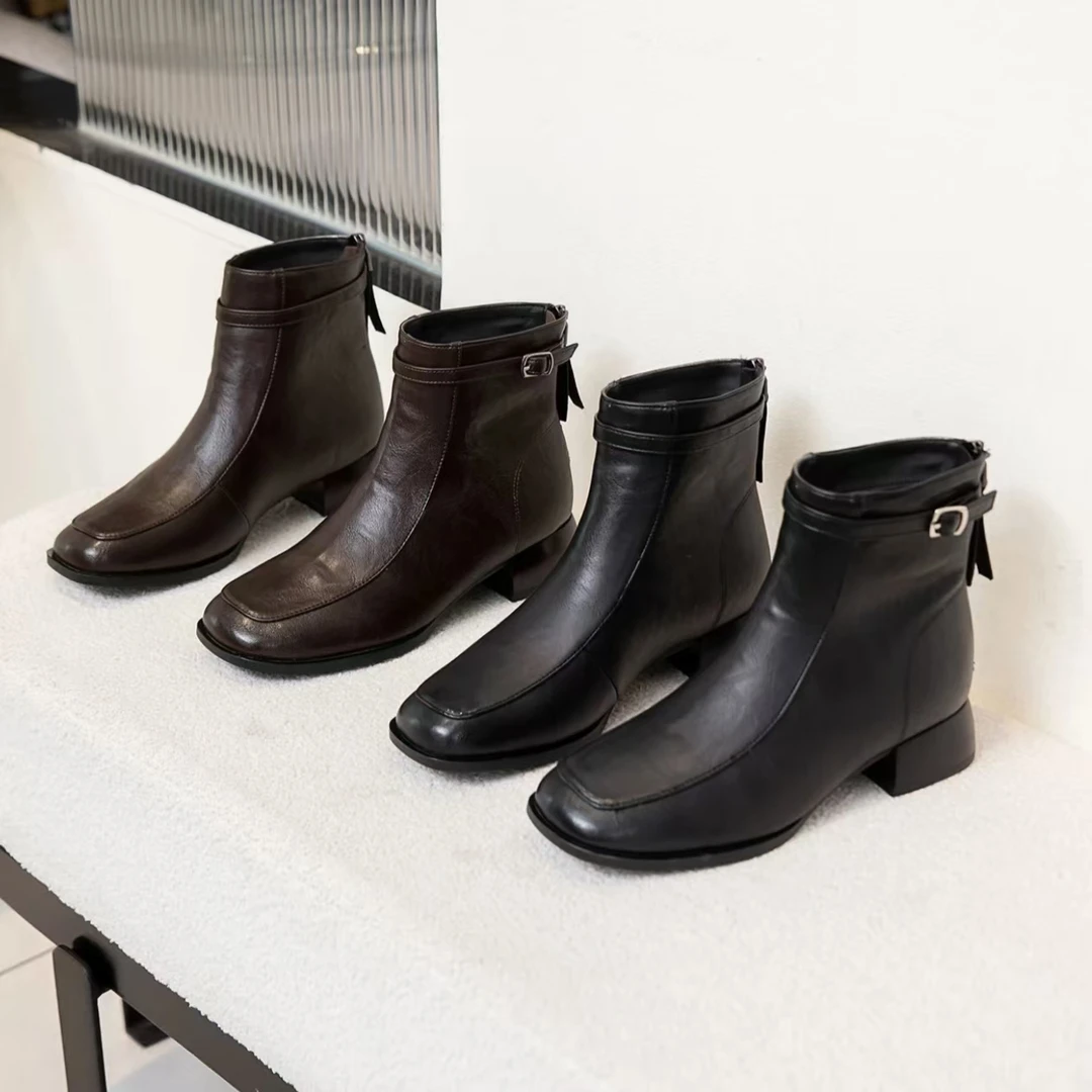 法式粗跟软底单里加绒短靴女秋冬百搭时尚复古方头短靴9263