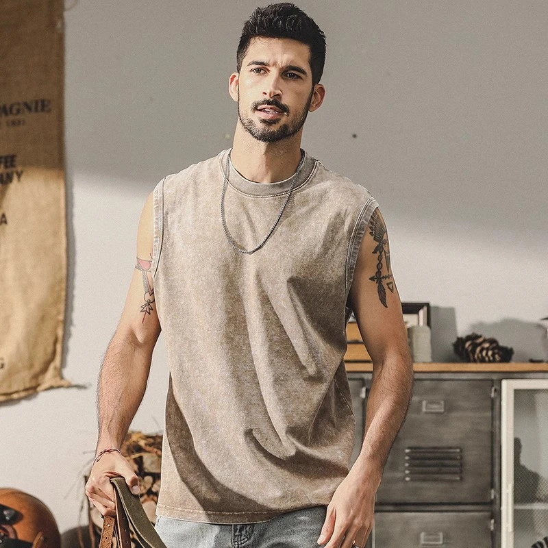 蜡染雪花水洗做旧美式纯棉运动背心男宽松夏季坎肩无袖重磅体恤潮