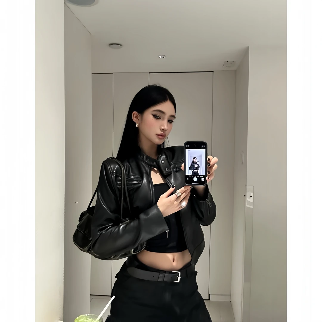 美式复古经典黑色机车皮衣女外套秋季短款立领修身设计感夹克上衣