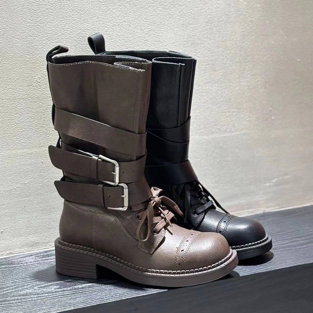 唯品专属皮带扣中跟保暖英伦风方头马丁靴女鞋厚底职场休闲风7059