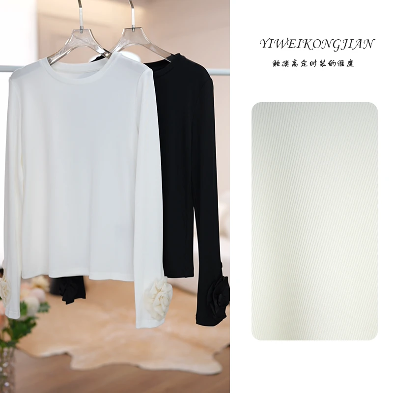 春季新款长袖立体花朵法式圆领T  YW1057