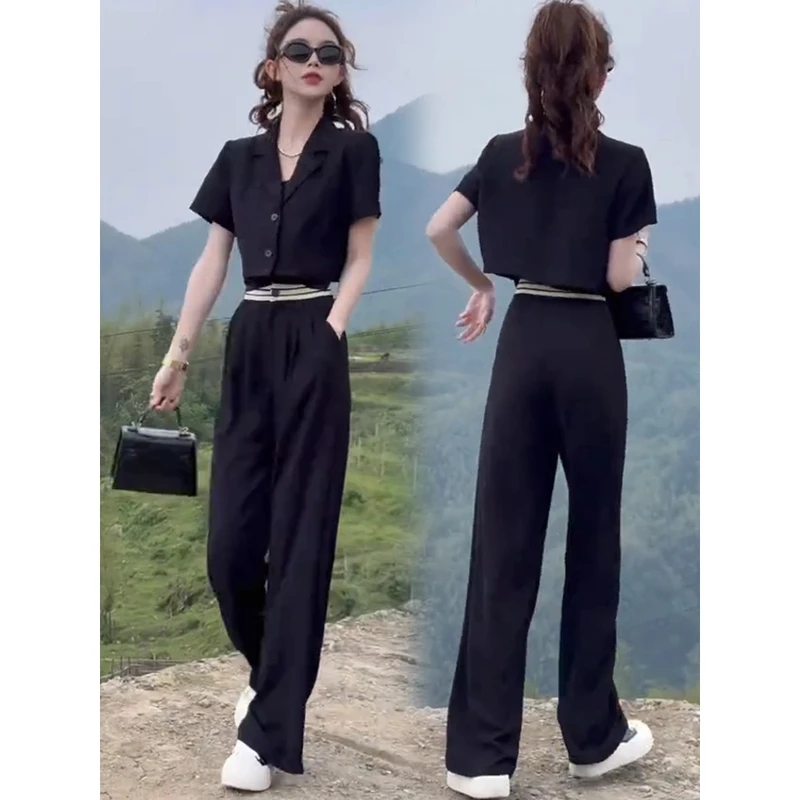 套装显瘦西服腿潮洋气高腰冰丝时尚女新款2025短款夏季阔裤两件套