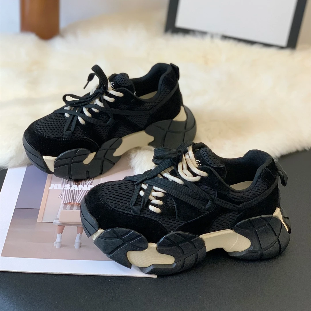 厚底复古绒面小众拼接网透气老爹鞋2025秋冬超火潮流双鞋带休闲鞋