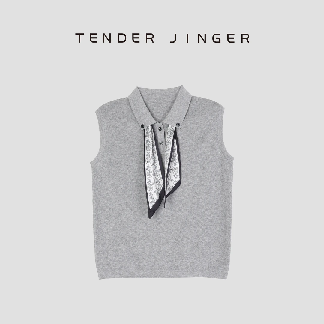 Tender Jinger【疯狂星期三】POLO翻领纽扣丝巾无袖上衣T52SZZ30955