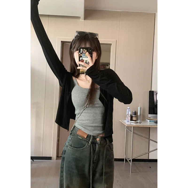 黑色薄款长袖针织开衫女2025春夏小个子通勤外搭短款防晒空调罩衫