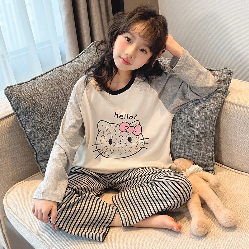 睡衣女童春秋季棉长袖可外穿儿童网红风条纹套装6-12岁女孩家居服