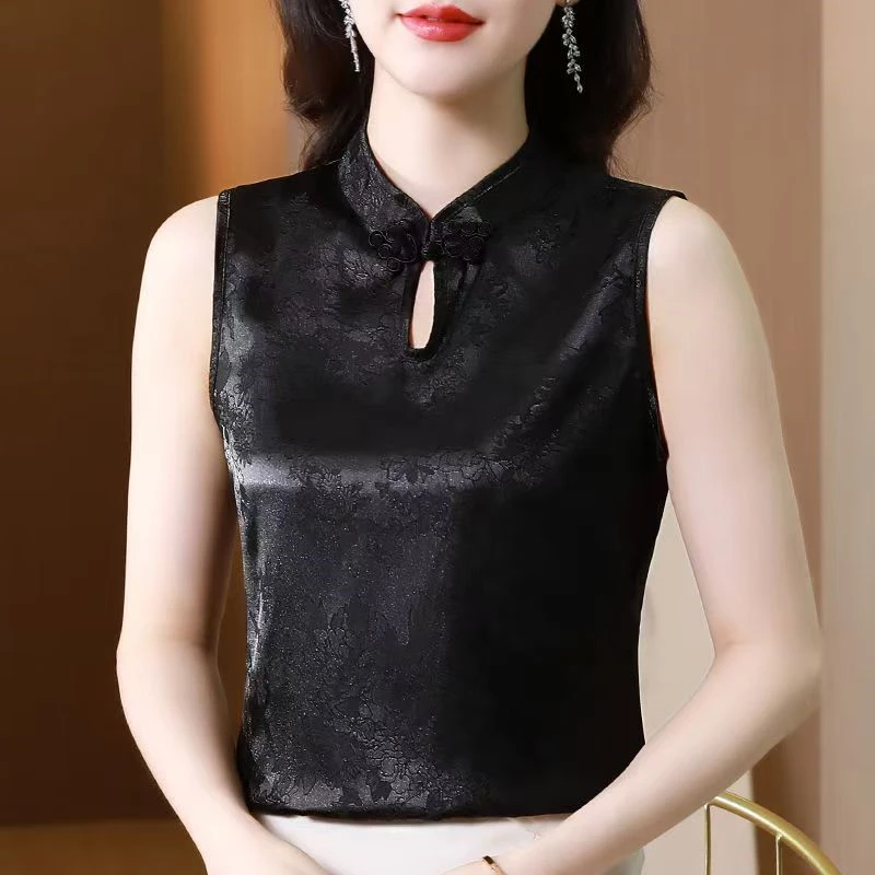 W26【锦悦】夏季立领旗袍背心上衣女士修身显瘦盘扣通勤无袖打底衫