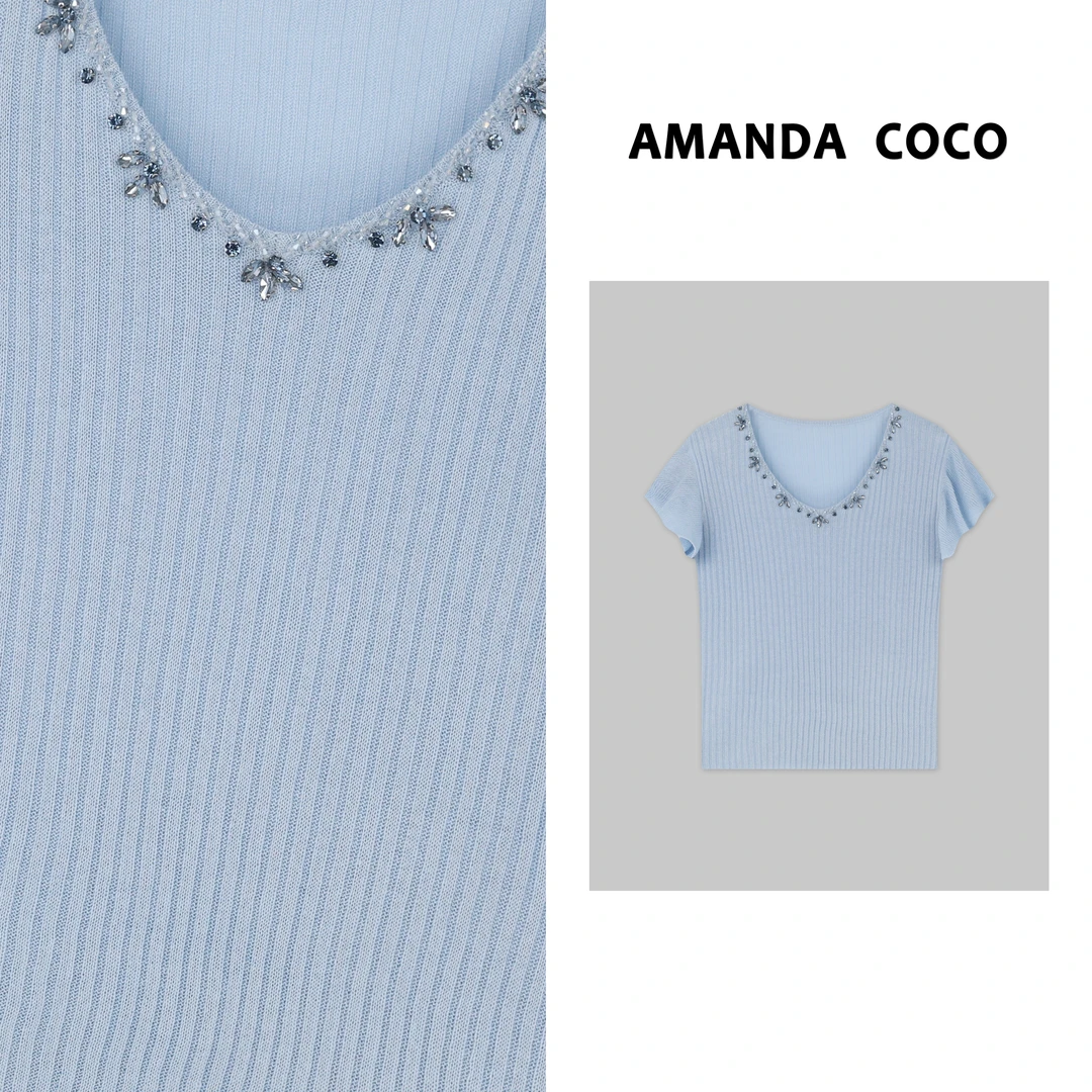 AMANDACOCO 静静 | 春夏高定串钻荷叶袖气质减龄短袖针织衫