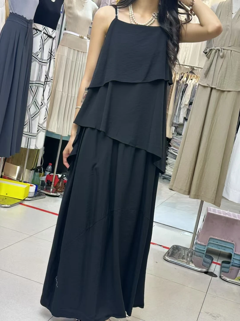 时尚套装休闲长款连衣裙礼服法式方领显瘦时尚短袖