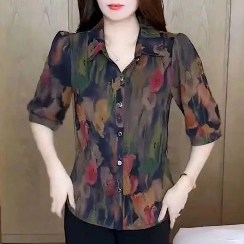 夏季新款气质洋气衬衫印花七分袖宽松显瘦上衣设计感碎花衬衫