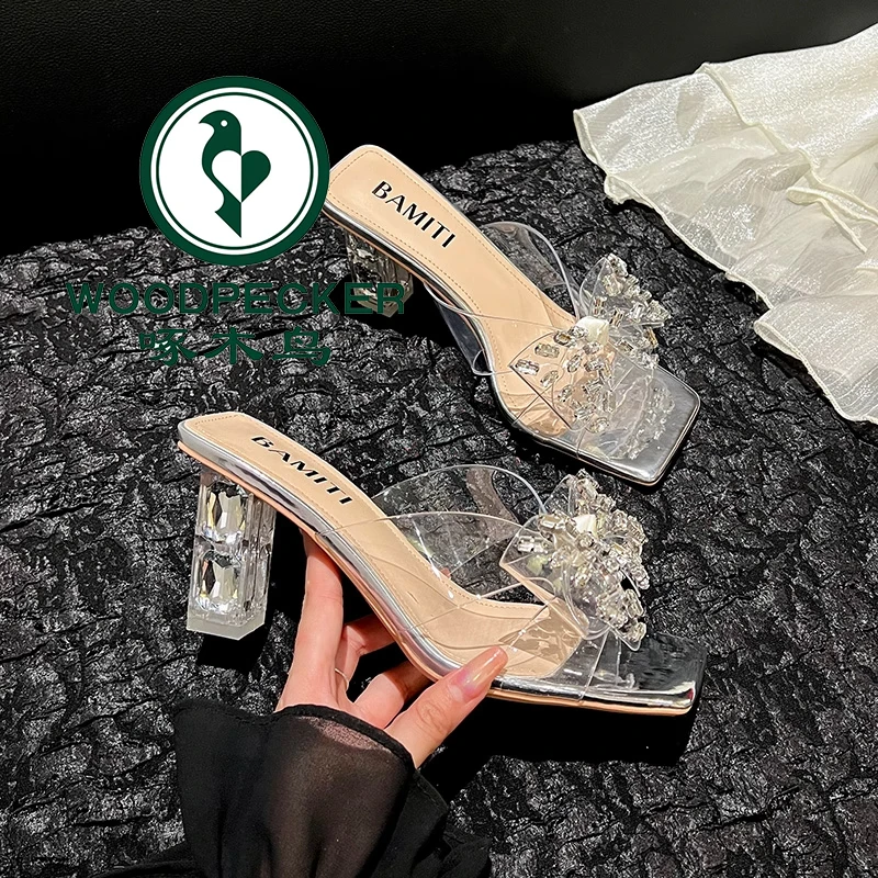 啄木鸟蝴蝶结轻奢女鞋一字拖2025年夏新款粗跟透明高跟鞋外穿凉拖