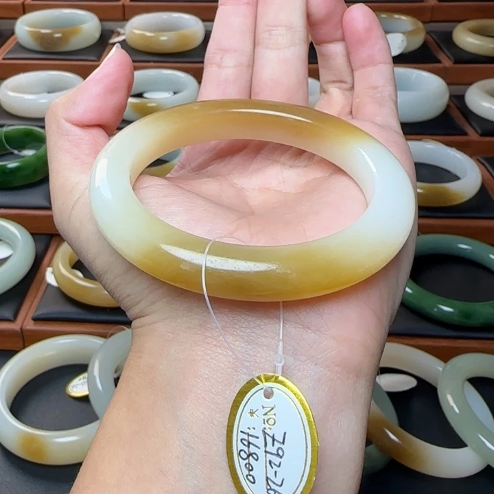 和田玉未镶嵌手镯天地金糖粉57.1