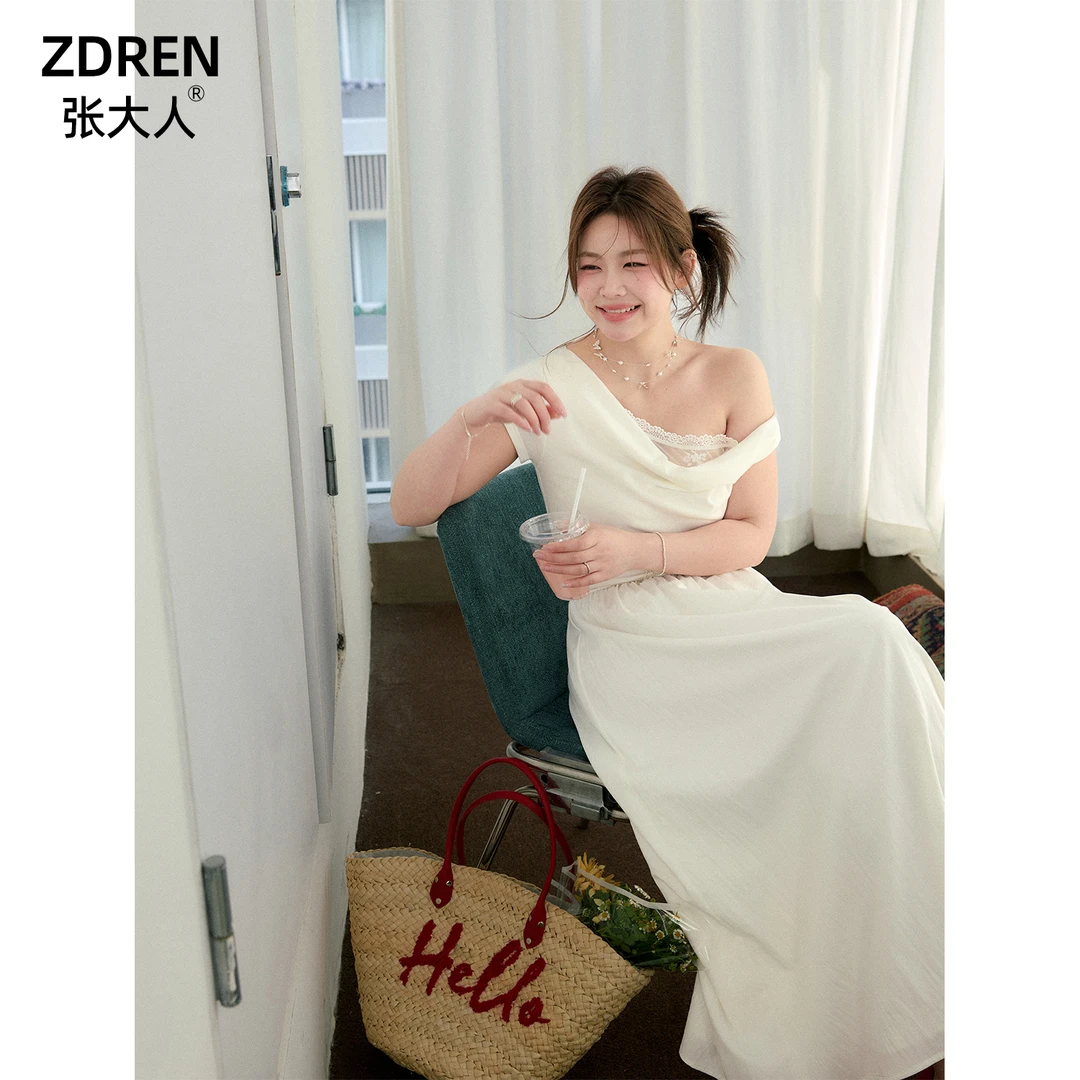 张大人【夏月漫步】微胖韩女温柔感露肩白纱雪纺连衣裙松弛感穿搭