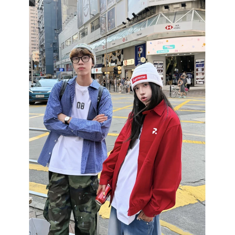 大红色正肩哈林顿翻领衬衫夹克女美式短款多巴胺情侣拉链工装外套