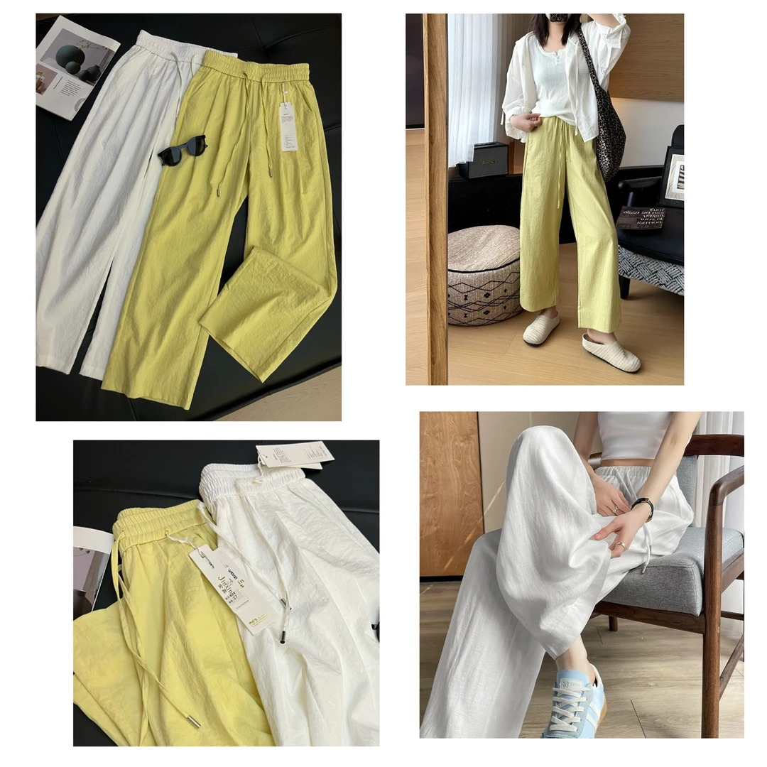Q76韩系阔腿休闲裤女松紧腰宽松显瘦肌理褶皱垂感山本直筒慵懒裤