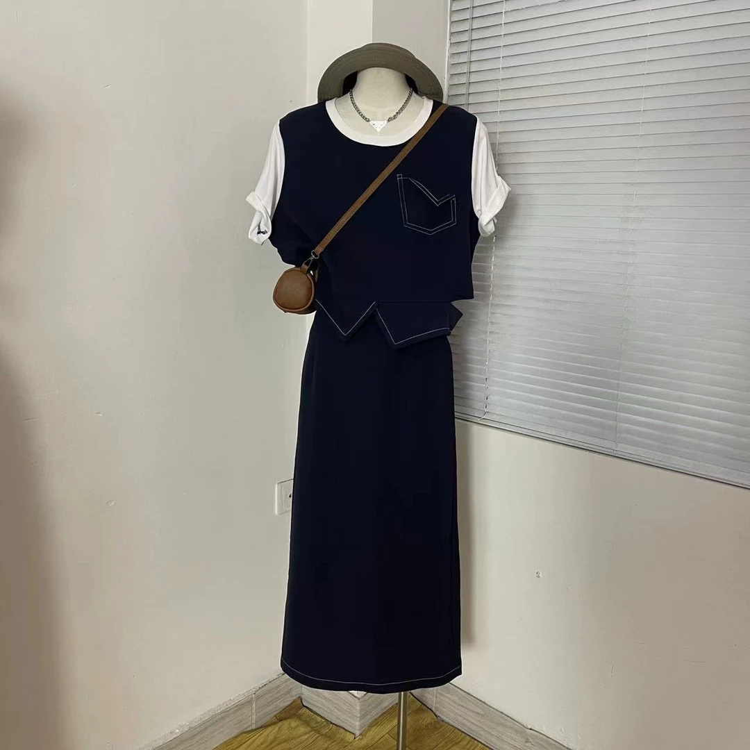 LIZI精选女装  韩国东大门夏季新款韩版休闲时尚假两件设计感套装