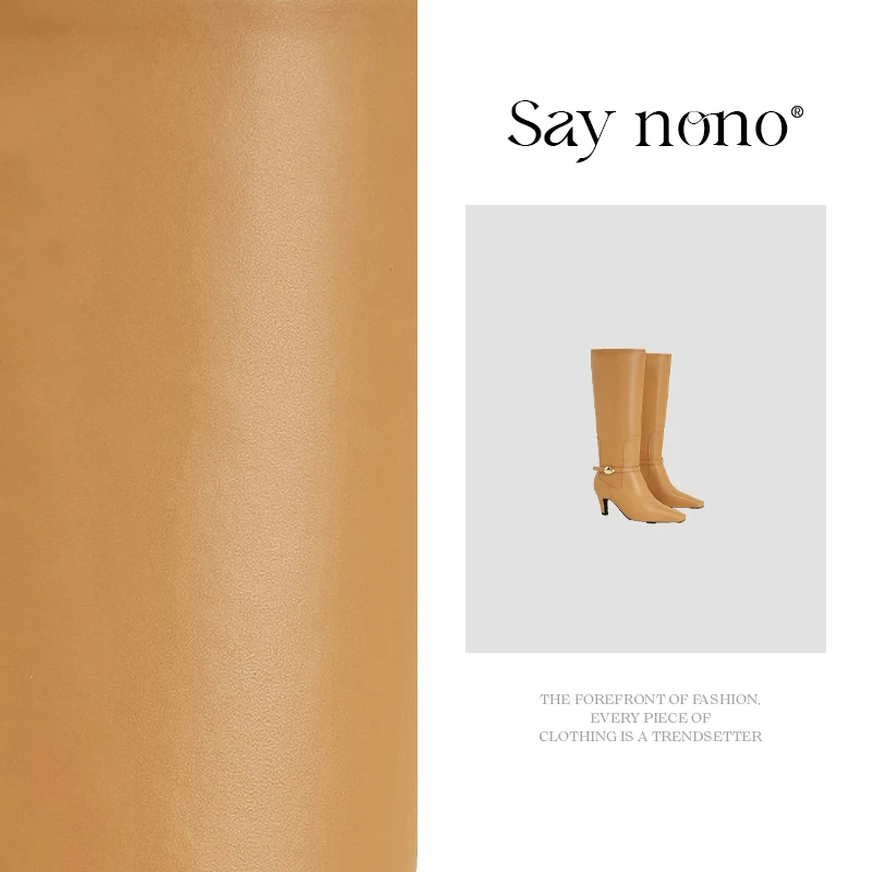 Say nono 小方头细跟金属装饰修饰腿型显瘦高筒时装靴6cm