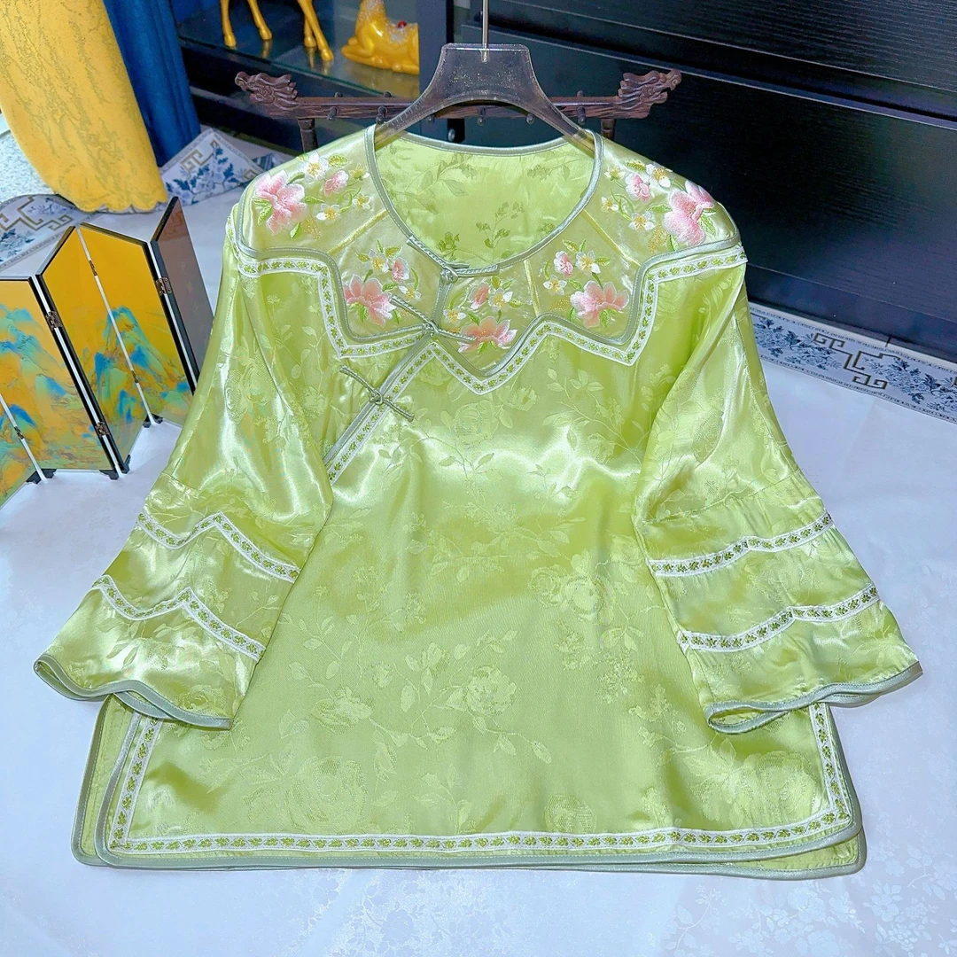 原创新中式圆领斜襟宽松版洛神花云肩人丝提花刺绣九分袖宽松上衣