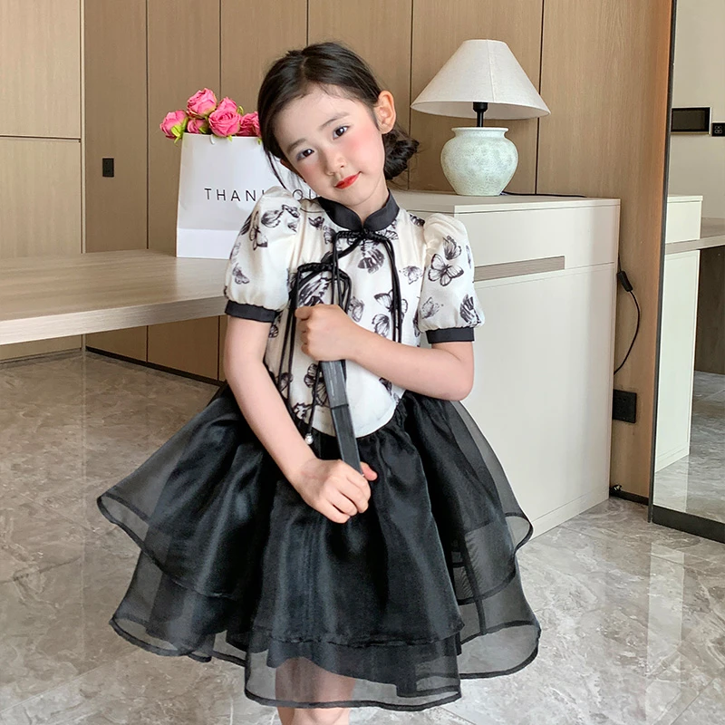 023130女童连衣裙夏季新款复古时髦洋气中国风蓬蓬裙儿童旗袍裙子