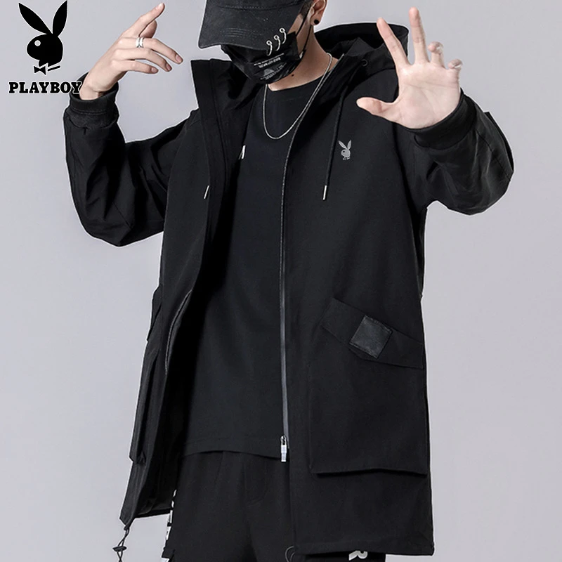 花花公子春秋中长款风衣外套男高级感纯黑潮牌夹克男士秋冬款大衣