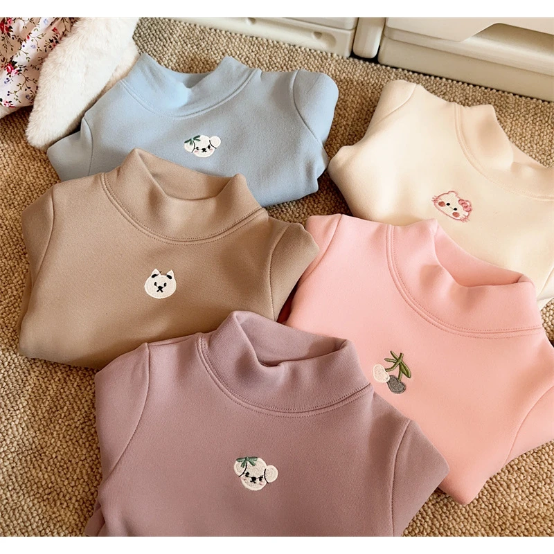 HHkids女童半高领加绒加厚打底衫2023秋冬新款儿童卡通上衣FCT334