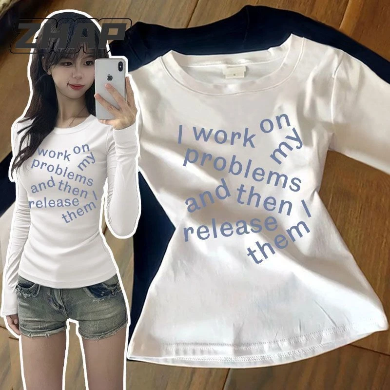 【ZHAP】圆领长袖t恤女秋季新款通勤ins修身显瘦多巴胺穿搭上衣潮流