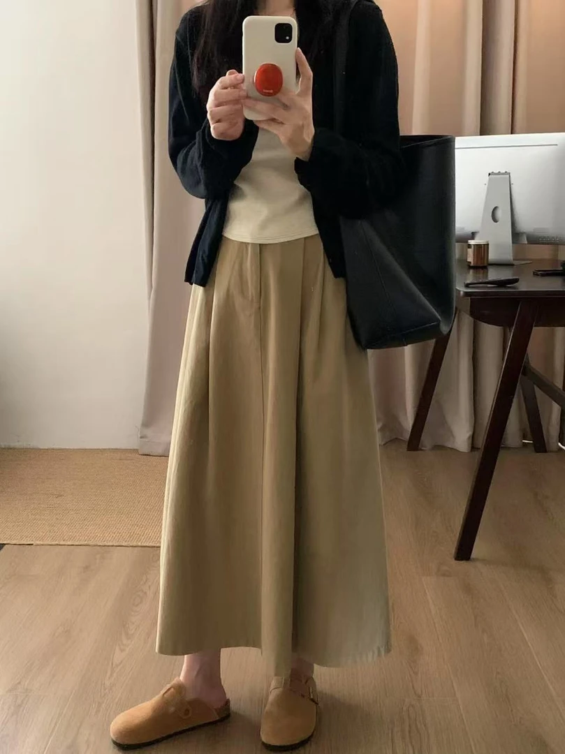 2025春季新款薄款显瘦宽松上衣针织开衫外套百搭卡其色半身裙女