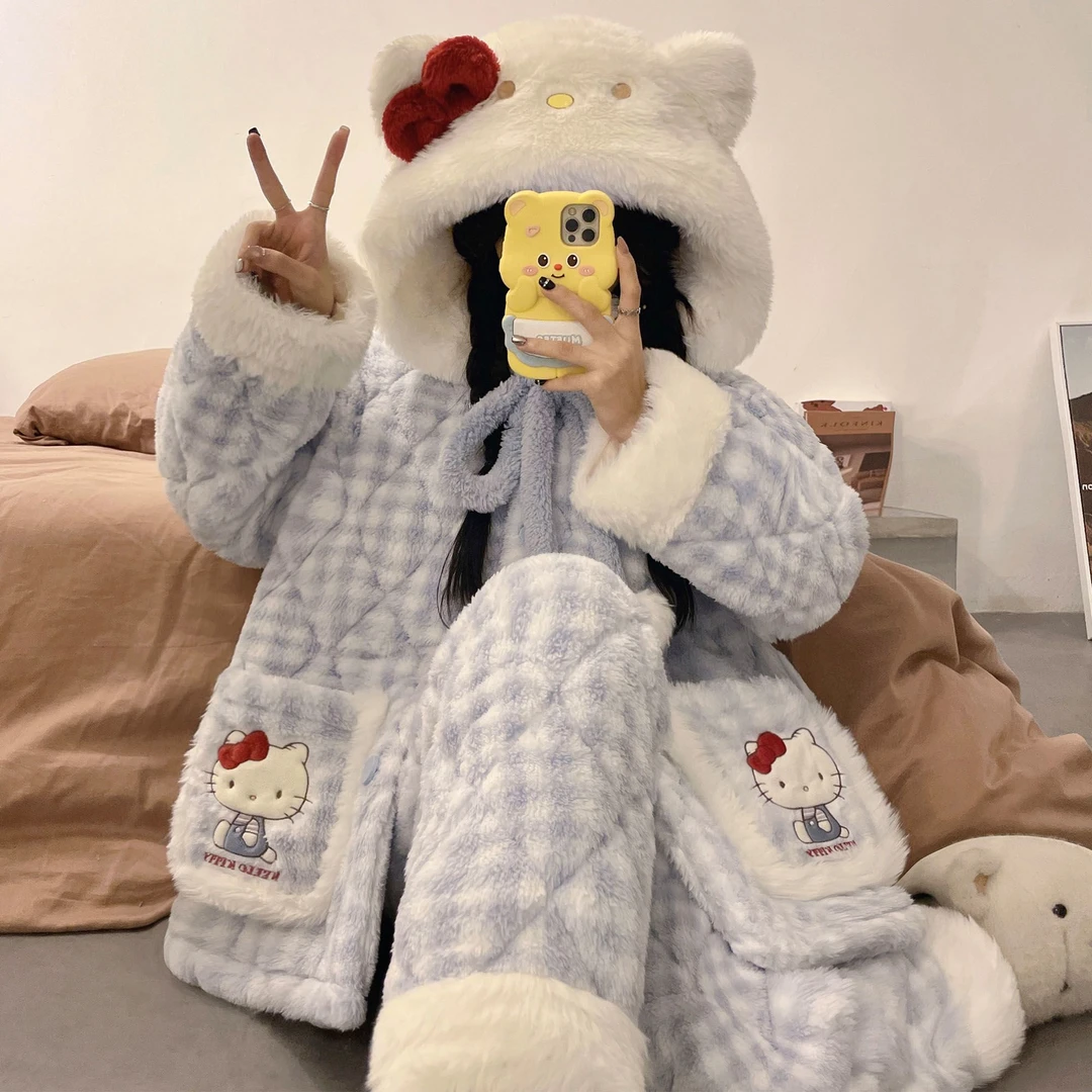 珊瑚绒三层夹棉睡衣女秋冬季天甜美可爱加厚加绒卡通家居服套装